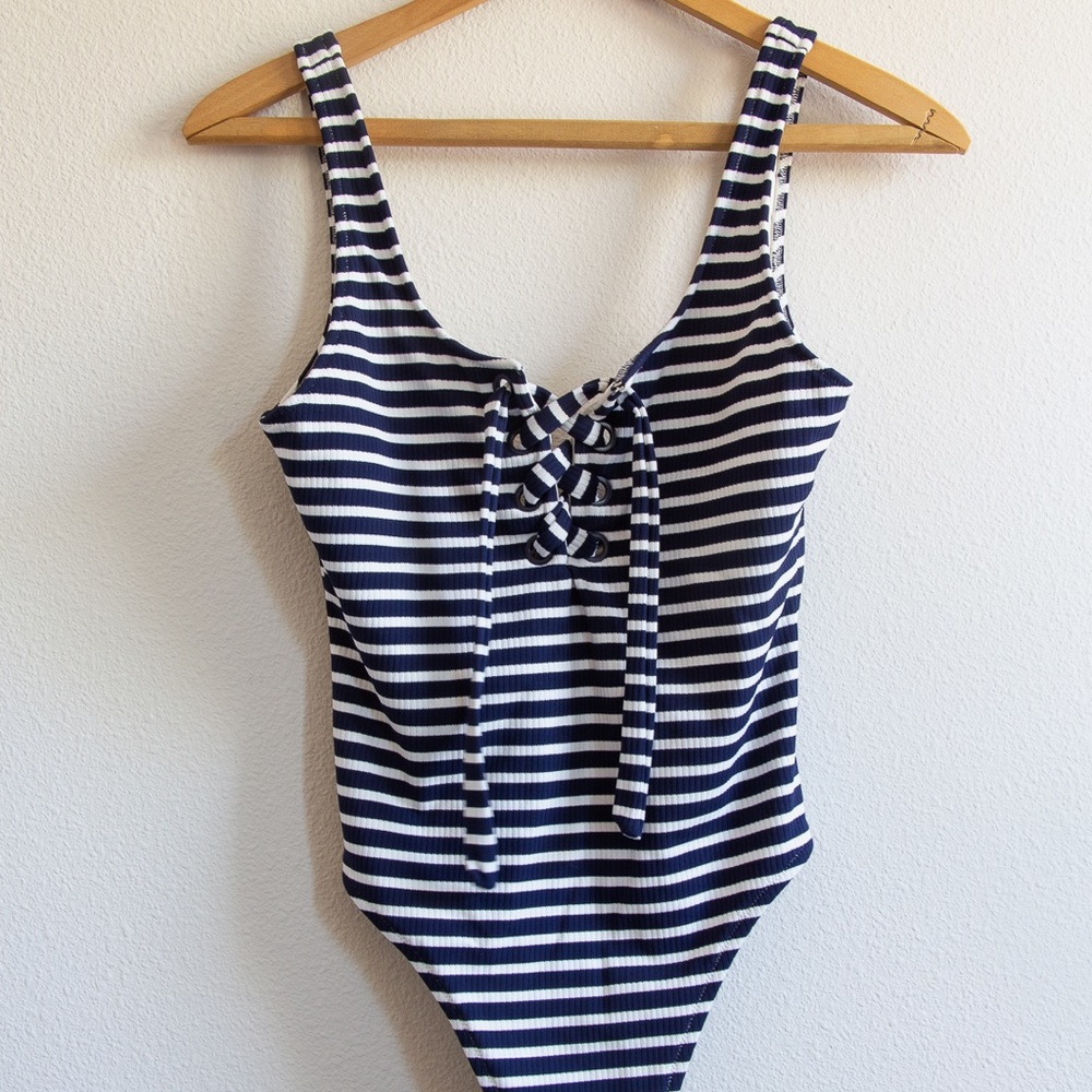 Aerie Ribbed Lace-front Striped One-Piece swimsuit